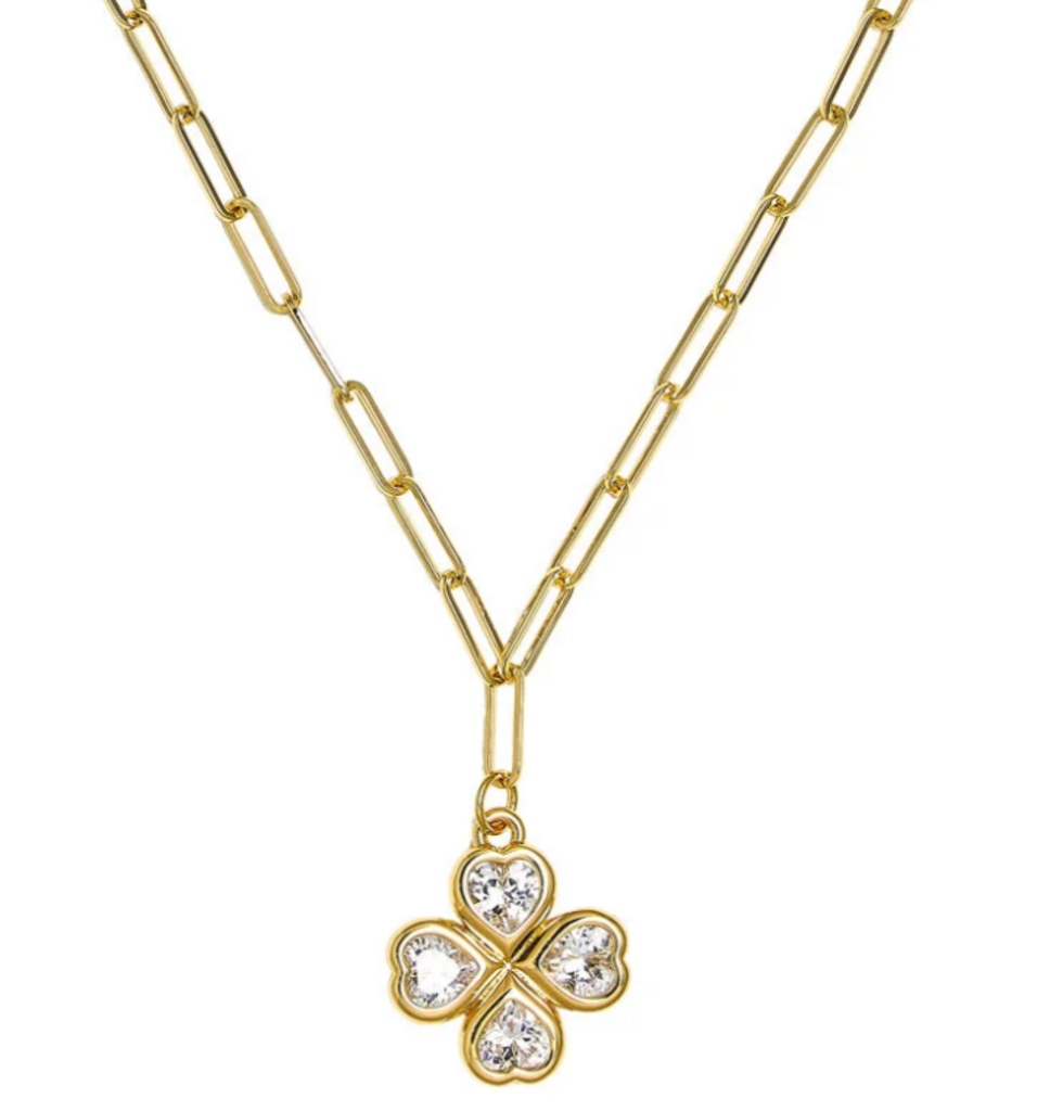 Lisi Lerch NWT-Jamie Clover Necklace- PaperClip Chain- 18k Plated - Clear Rhinestone