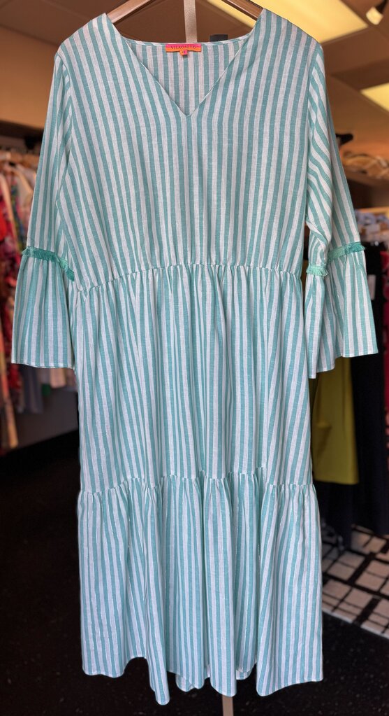 Vilagallo-Linen Blend Teal Striped Midi Dress