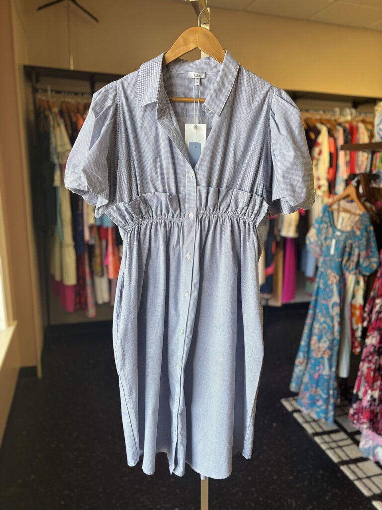 Clu - Puff Sleeve Button Down Dress - Blue/White