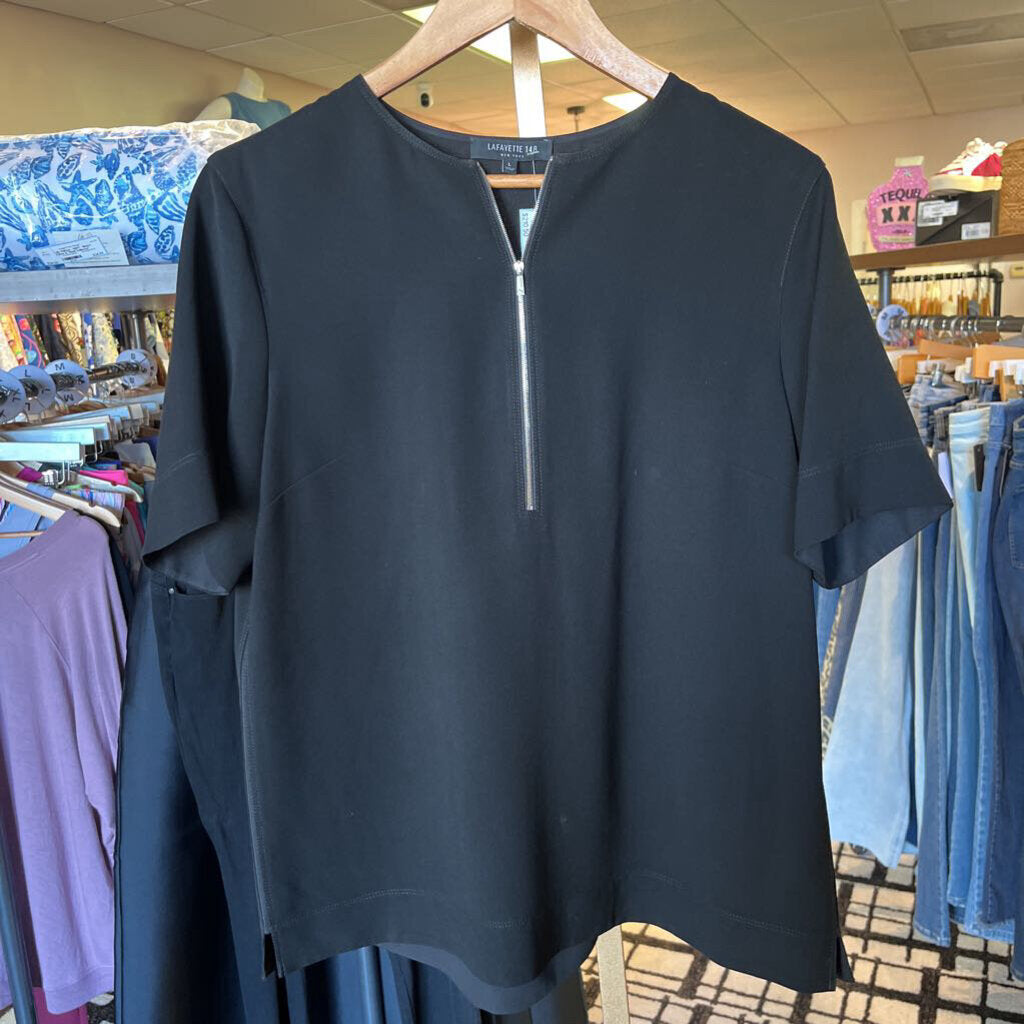 Lafayette 148 NY-Quarter Zip Short Sleeve Blouse - Black