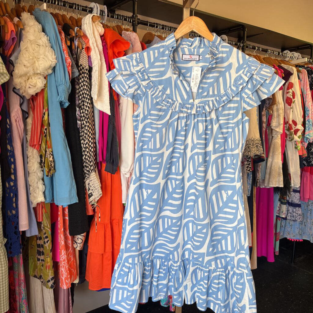 CK Bradley - Cotton Mini Dress with Leaf Print- Blue/White