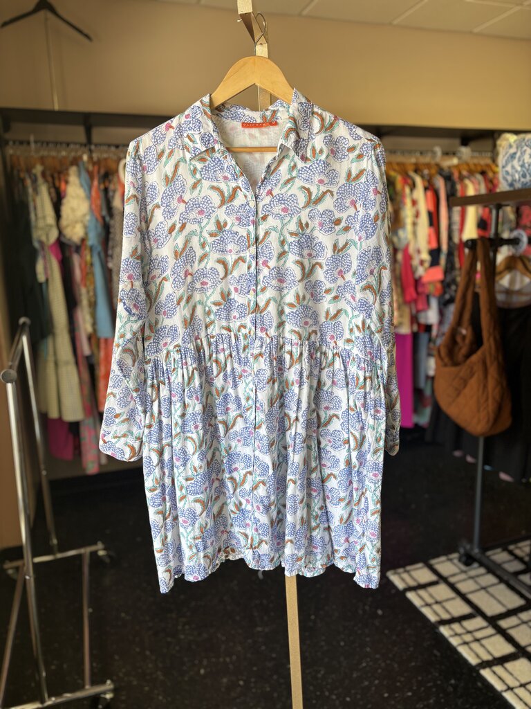 Oliphant- LS Button Down Mini Shirt Dress w. Floral Pattern