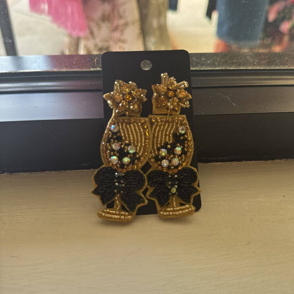 Black & Gold Wine Glass Beaded Earrings