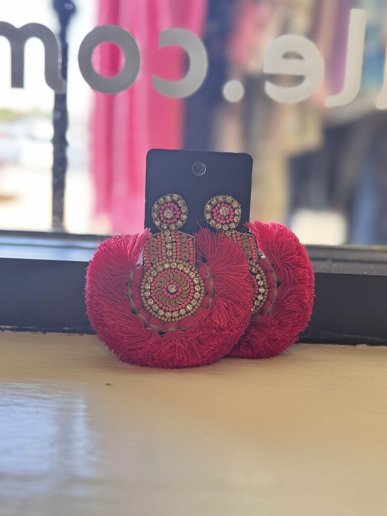 Fuschia Boho Tassel Multi Beaded Earrings