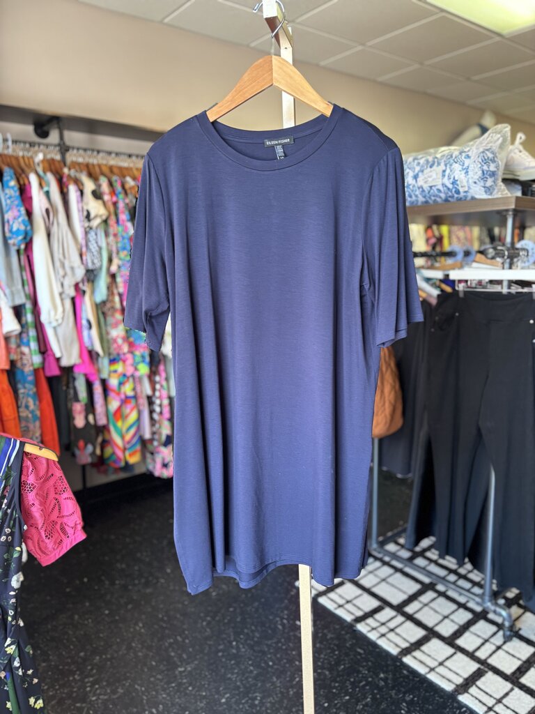 Eileen Fisher-Cotton Blend SS Tunic Top - Navy