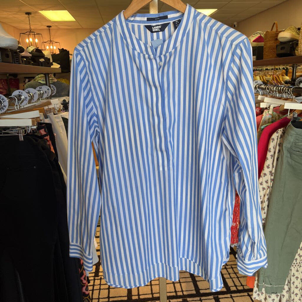 Land's End - Banded Collar Striped Popover Shirt