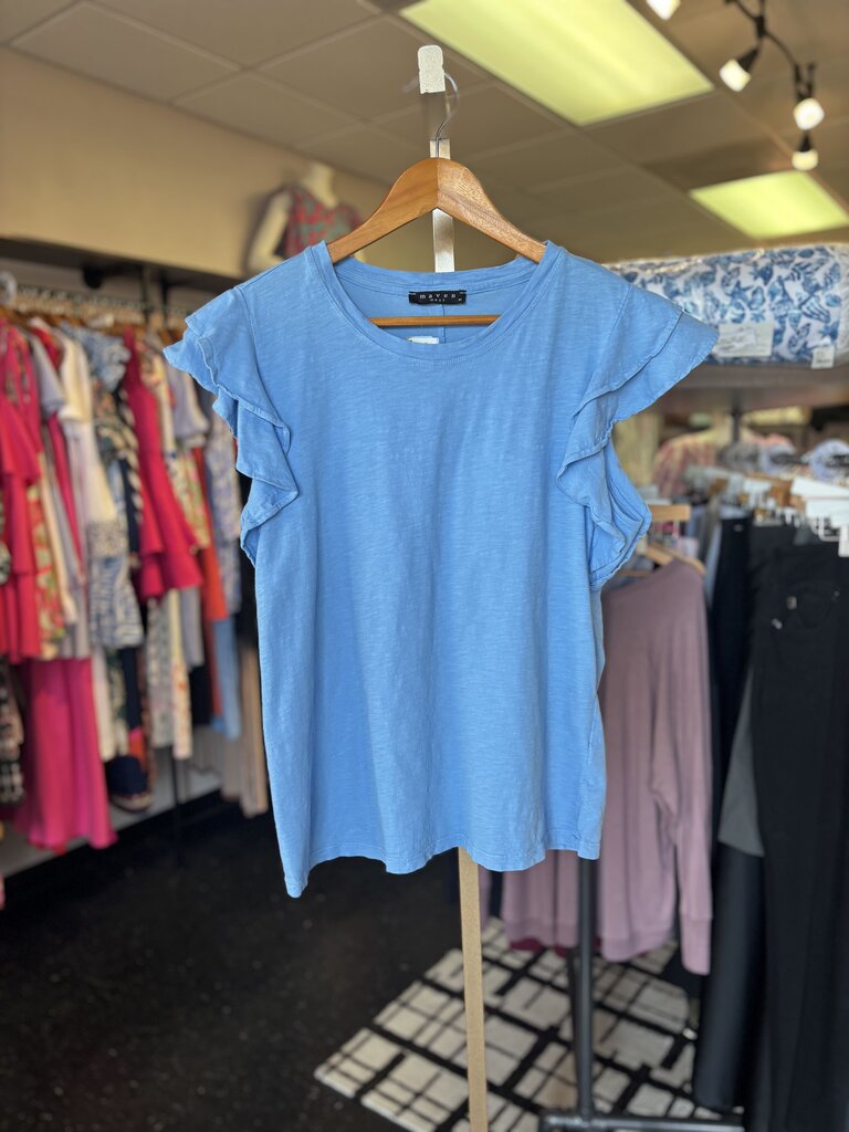 Maven West - Ruffle Sleeve Round Neck Top - Blue