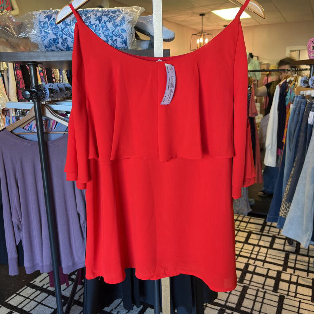 JoyJoy- Open Shoulder Flutter Sleeve Blouse- Red