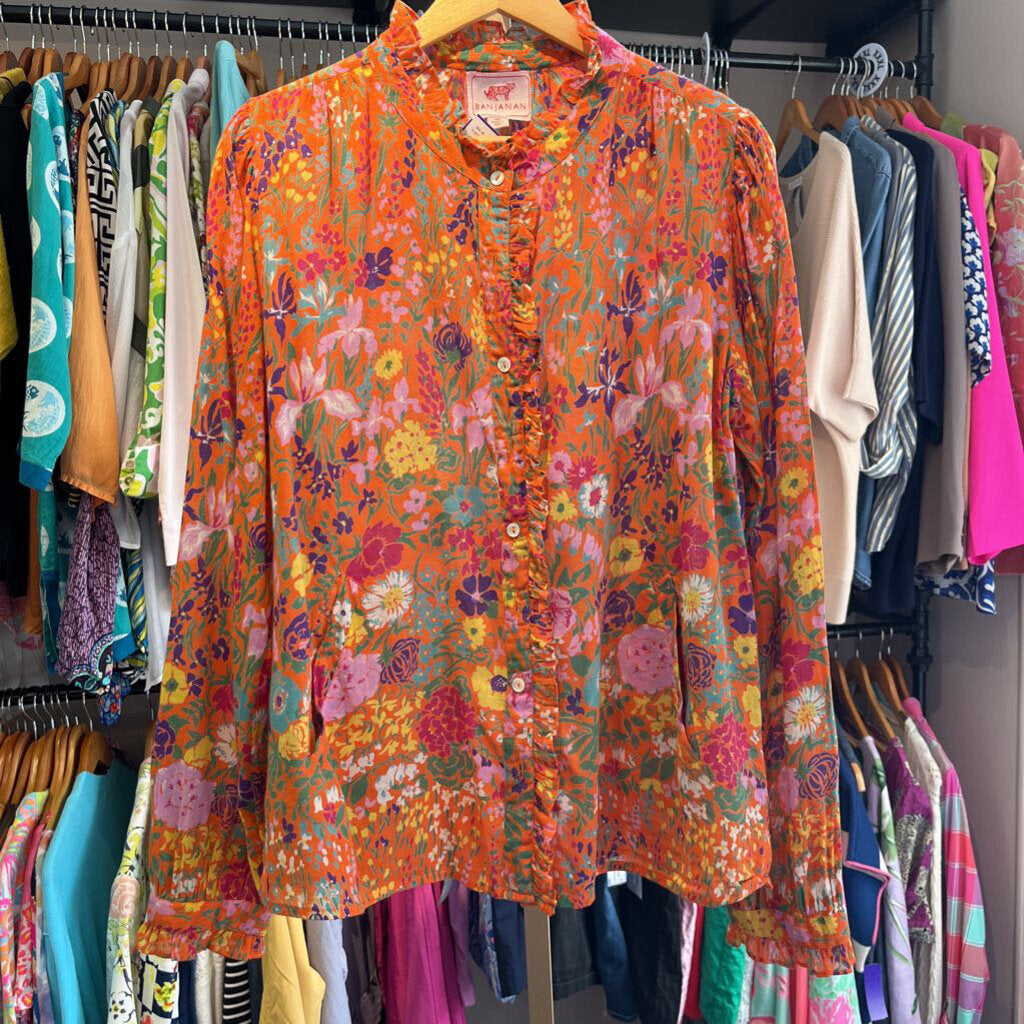 Banjanan- LS Floral Button Down w. Ruffle Detail - Orange