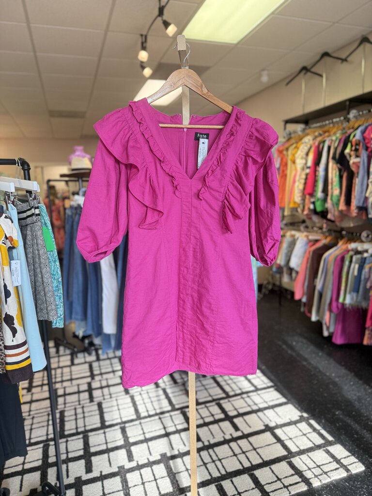 Fate - Linen Blend Mini Dress w. Puff Sleeve - Magenta