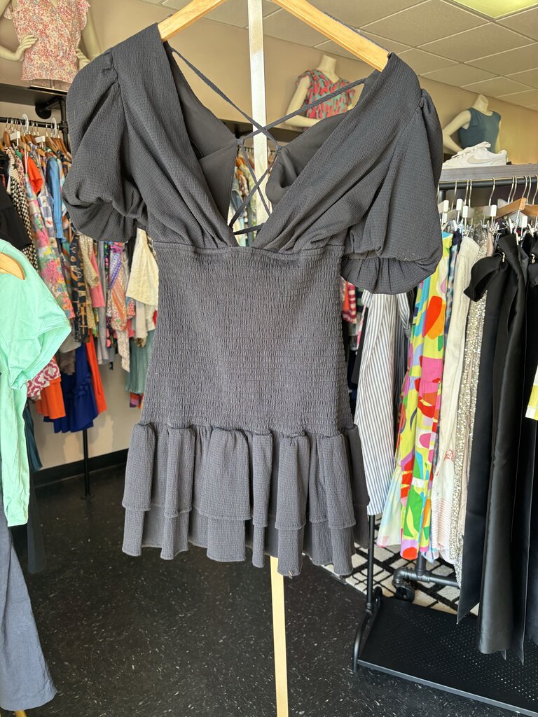 Hello Molly - Tie Back Puff Sleeve Mini Dress in Black