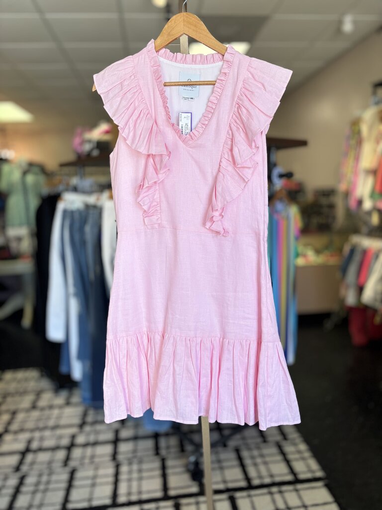 LaRoque - Ruffle Detail Linen Mini Dress in Pink
