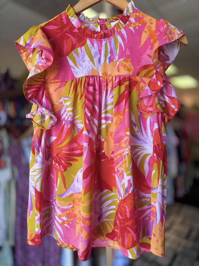 Emily Wonder - SS Tropical Print Flutter Sleeve Top