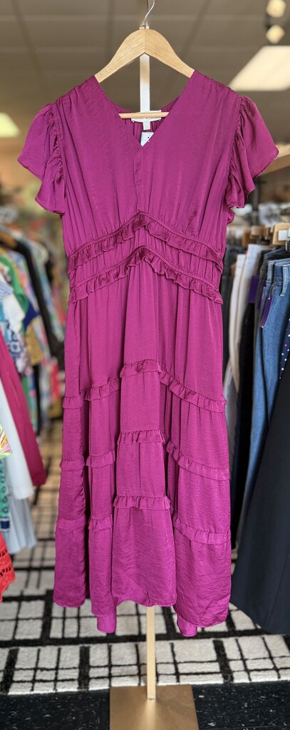 Pinch - Ruffled Tea Length Dress - Wine