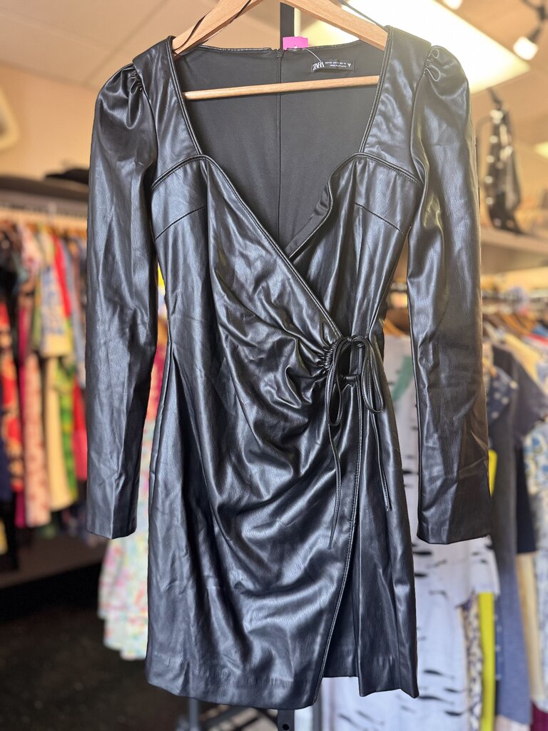 Zara - Faux Leather Wrap Dress - Black