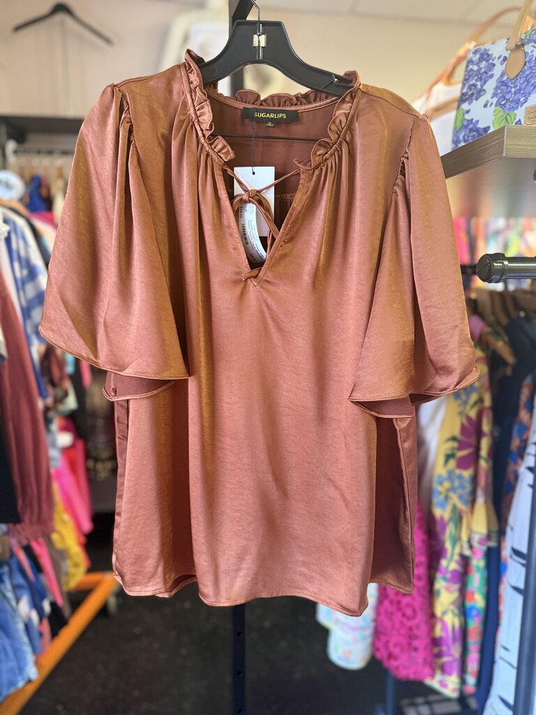 Sugarlips NWT - Angela Satin Flutter Sleeve Top in Chocolate