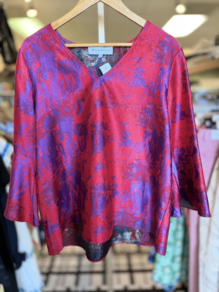 Tuckernuck- Red/Purple Jacquard Blouse w. Bell Sleeves