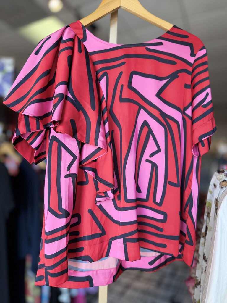 Crosby - SS Ruffle Sleeve Abstract Top - Red/Pink