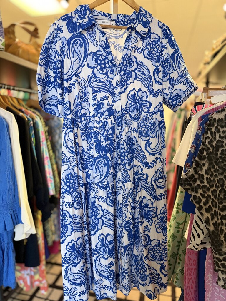 Crown & Ivy - Floral Print Tiered Shirtdress - White/Blue