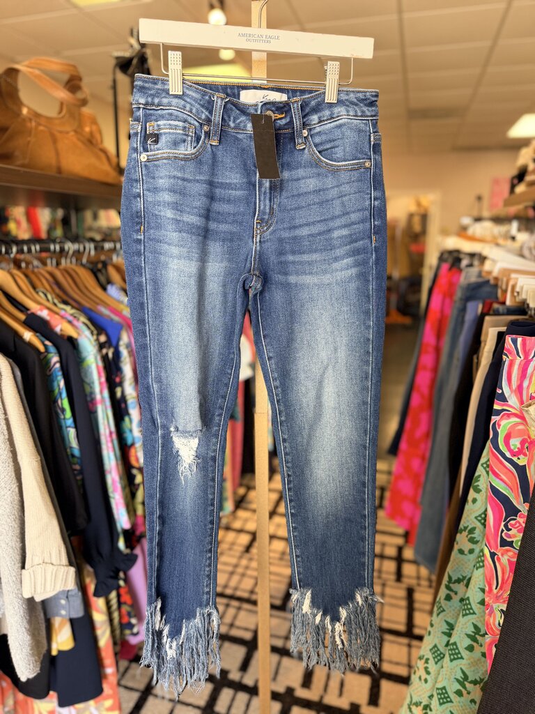 Kancan - Distressed Denim Crops with Fringed Hem