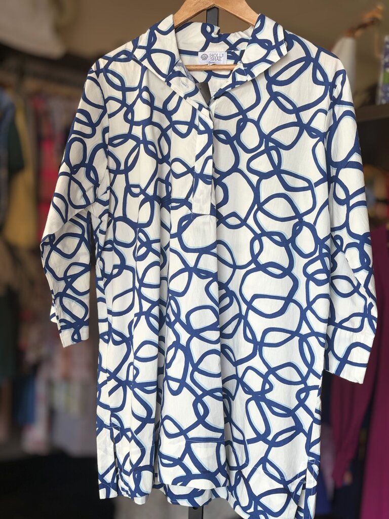 Holly Shae - Arden Dress in Geometric Print - White/Blue