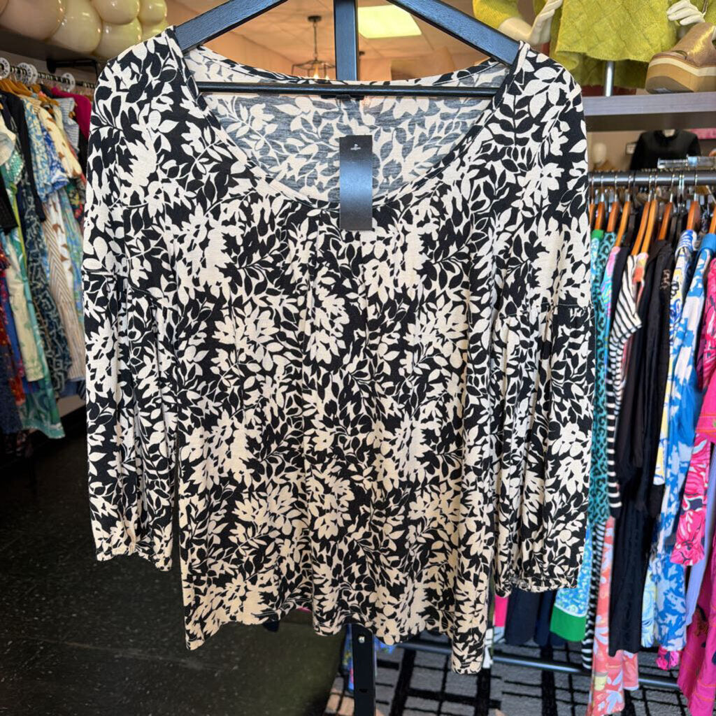 Talbots - Balloon Sleeve Knit Top w. Floral Print - Black/Tan