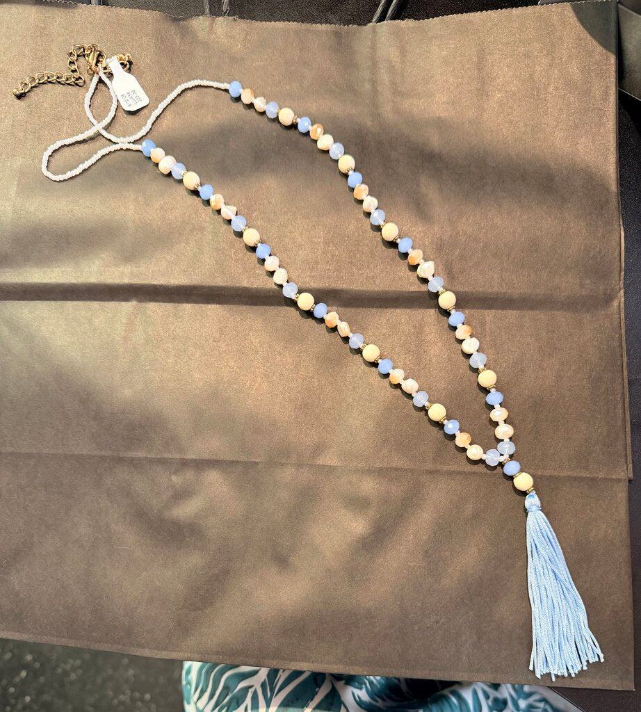 Beaded Crystal Necklace w. Tassel - Blue