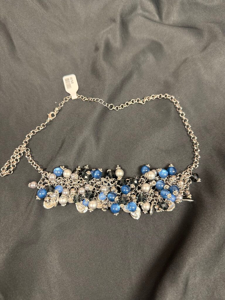 Talbots - Silver Pendant Necklace w. Grey, Navy and White Stones