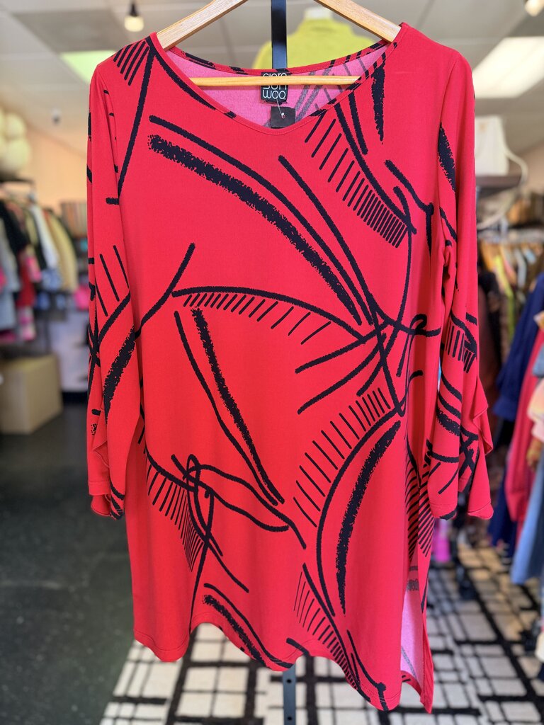 Clara Sun Woo - LS Tunic Top in Abstract Print - Red
