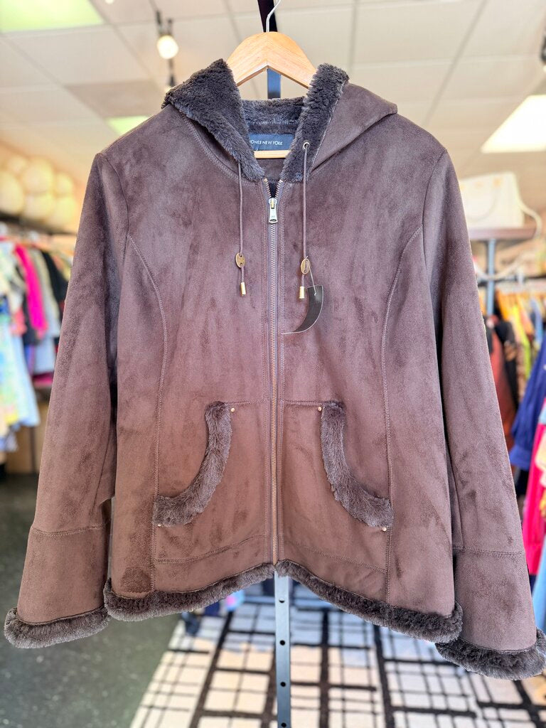 Jones New York- Faux Suede Fur Lined Full Zip Coat - Brown