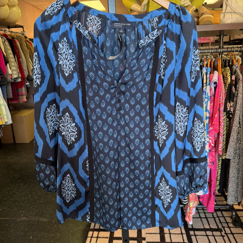 Jones NY - Satin Blend Blouse w. Geometric Print - Navy