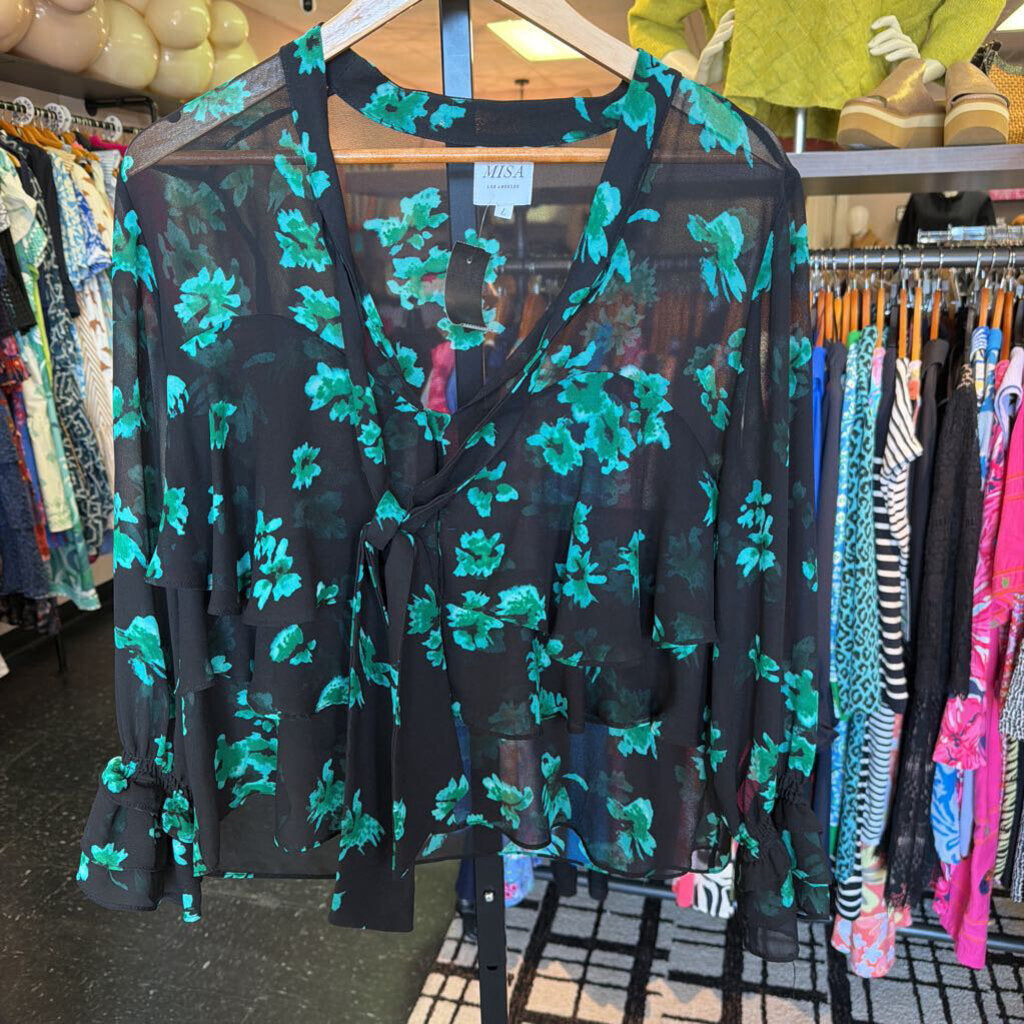 Misa LA - Sheer Ruffled Blouse w. Green Floral Print