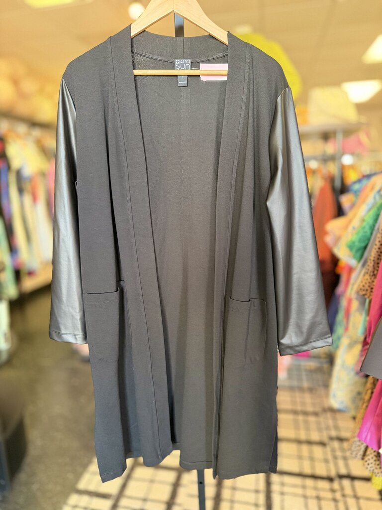 Clara Sun Woo - Black Knit Cardigan w/ Liquid Leather Sleeves