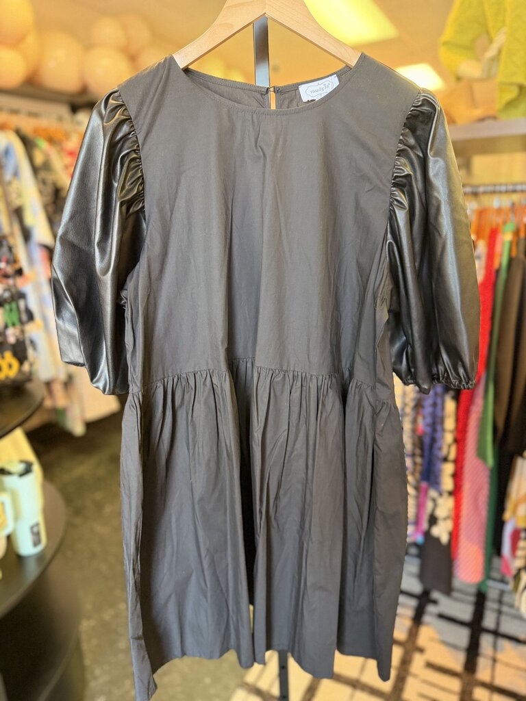 Mudpie NWT- Ren Dress w. Vegan Leather Puff Sleeve - Black