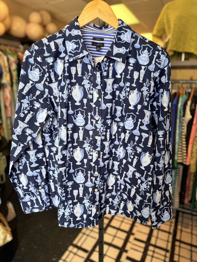 Talbots - LS Button Down Top in Chinoiserie Block Print - Navy