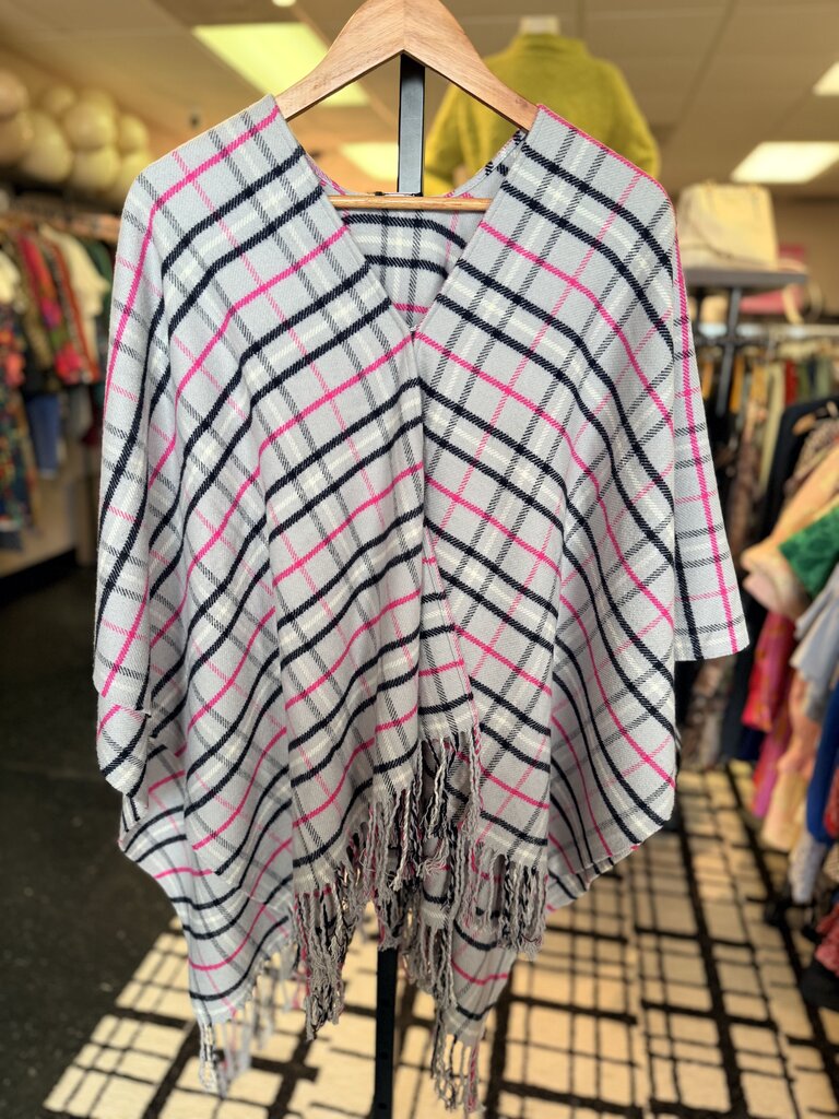 Talbots - Plaid Ruana - Grey, Navy, Pink