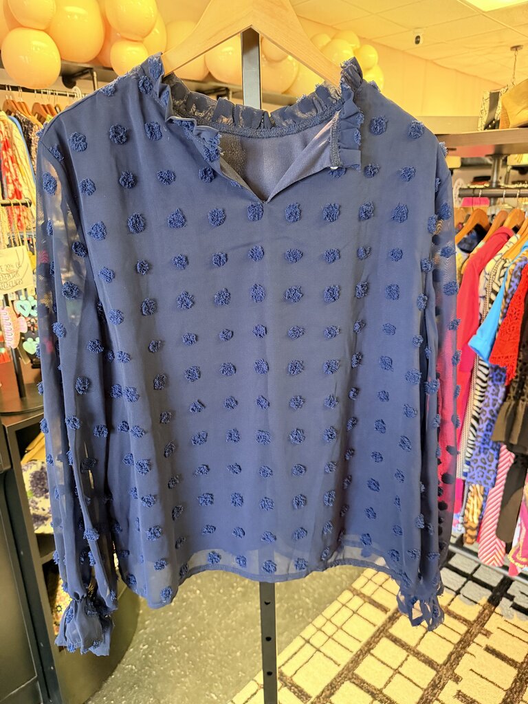 She+Sky - LS Swiss Dot Chiffon Ruffle-Neck Blouse in Navy