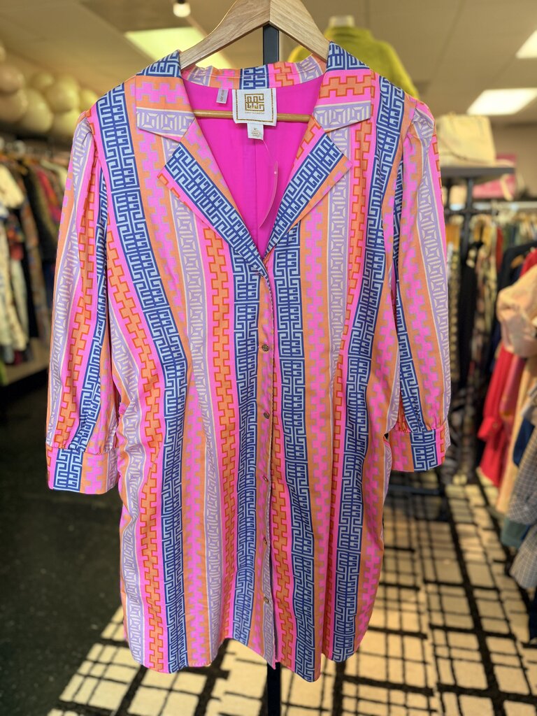 Emily McCarthy - Felicity Dress in Pink Geometric Stripe Print