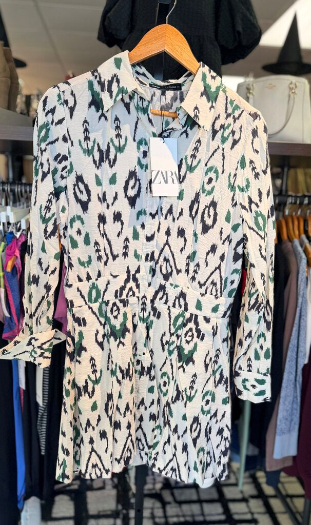 Zara NWT - LS Button Down Mini Dress w. Ikat Print