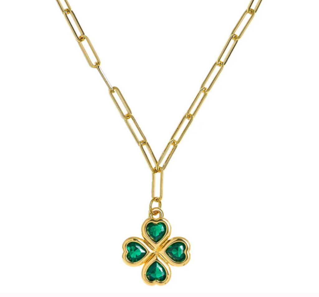 Lisi Lerch NWT-Jamie Clover Necklace- PaperClip Chain- 18k Plated - Emerald