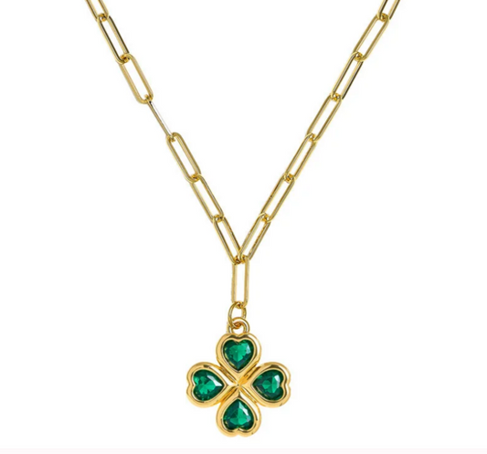 Lisi Lerch NWT-Jamie Clover Necklace- PaperClip Chain- 18k Plated - Emerald