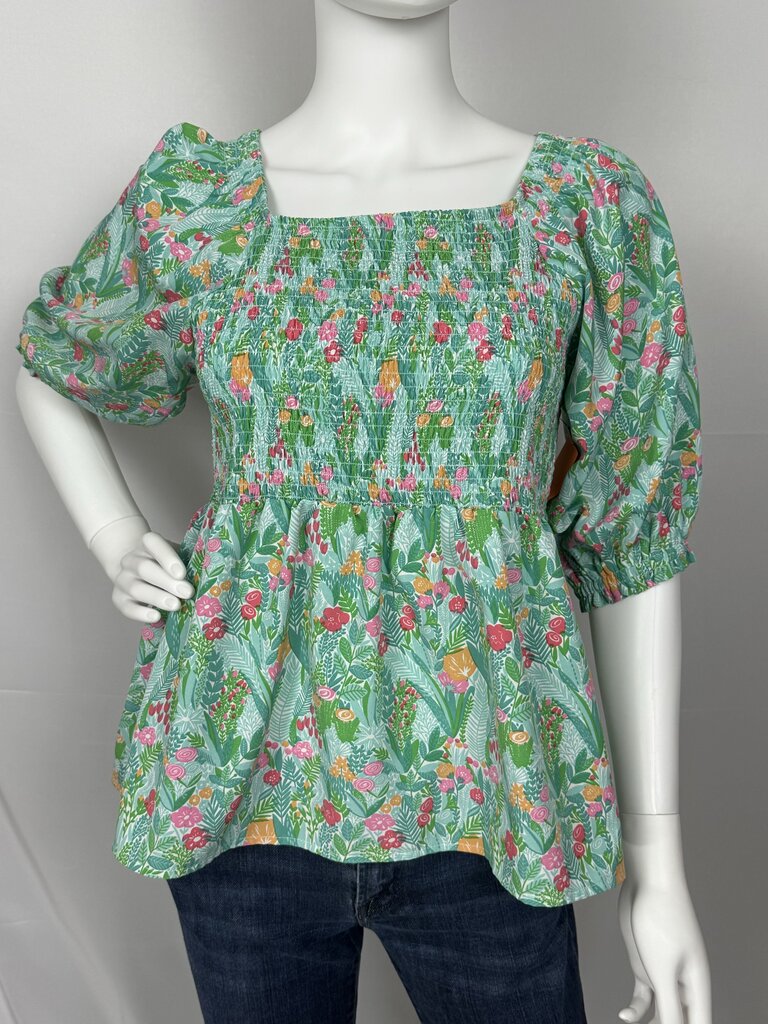 Michelle McDowell - Aqua-Multi - Floral Smocked Top