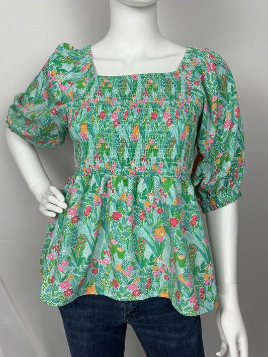 Michelle McDowell - Aqua-Multi - Floral Smocked Top