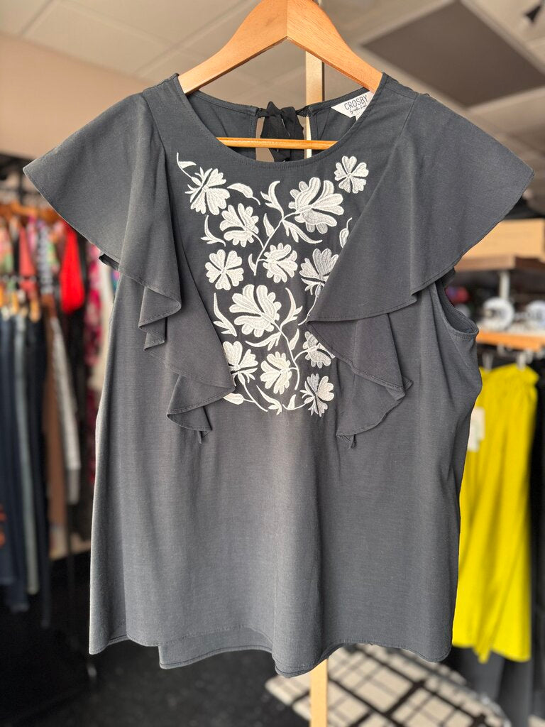 Crosby by Mollie Burch - SS Ruffle Top w. Embroidery - Black