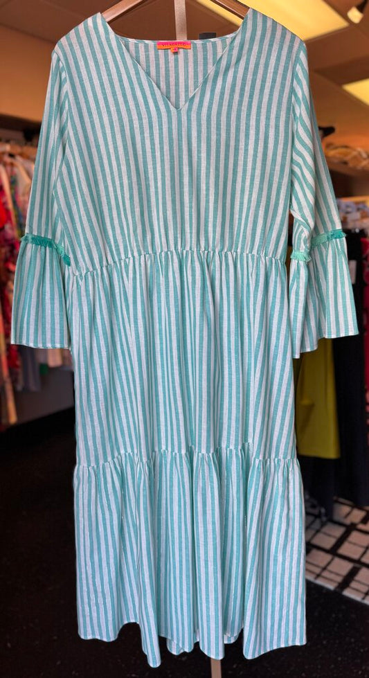 Vilagallo-Linen Blend Teal Striped Midi Dress