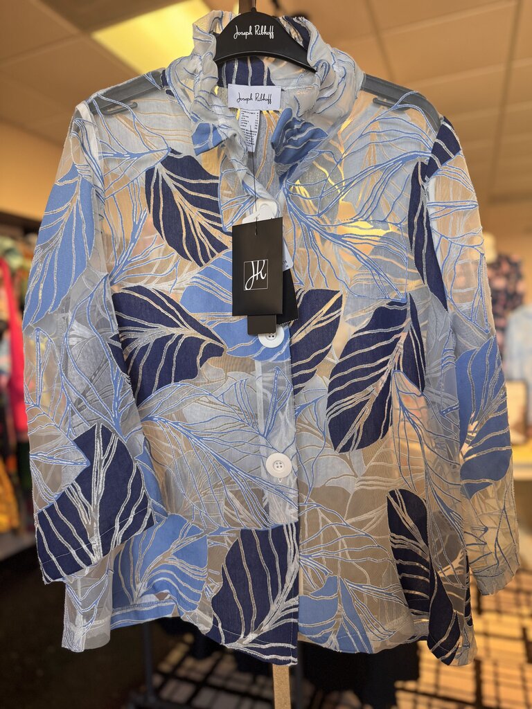 Joseph Ribkoff-NWT-Blue/Multi Novelty Leaf-Print Trapeze Jacket