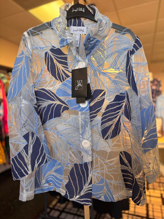 Joseph Ribkoff-NWT-Blue/Multi Novelty Leaf-Print Trapeze Jacket