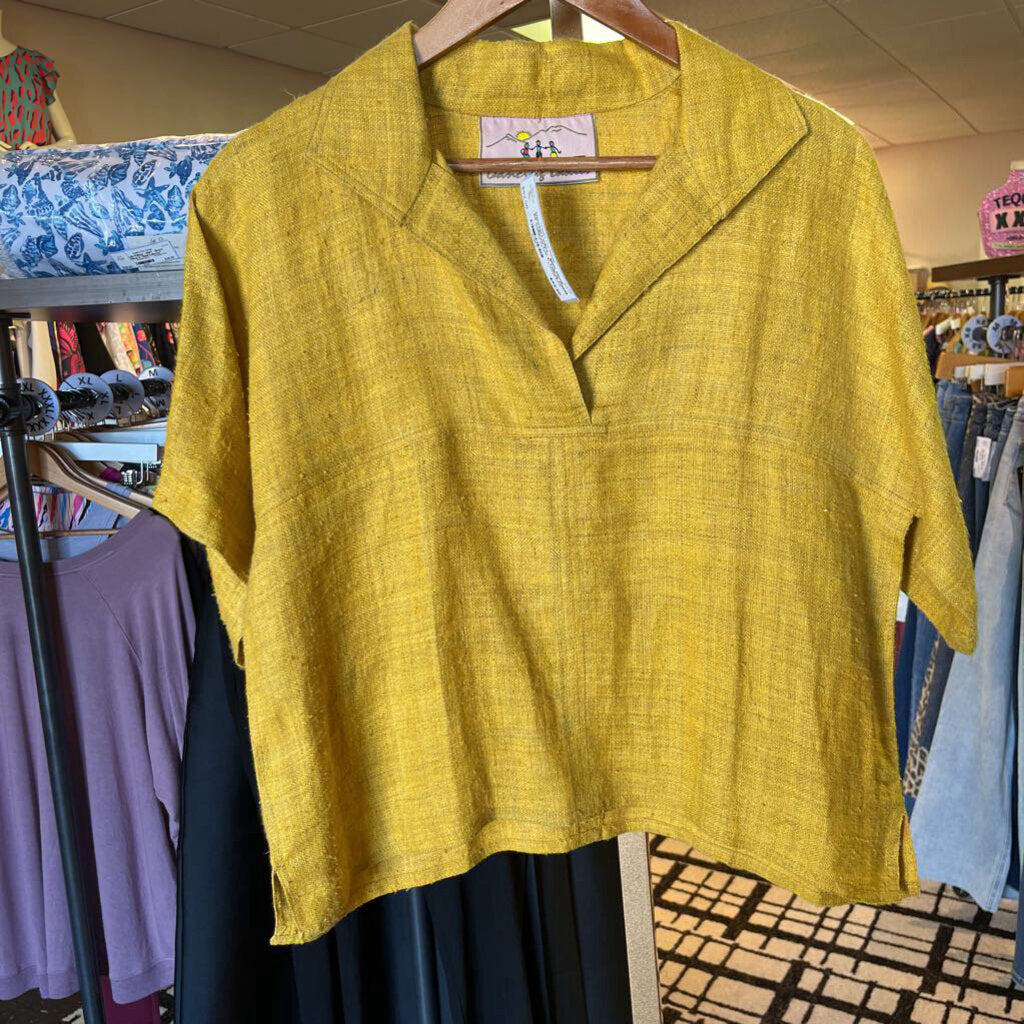 Dancing Ladies - 100% Hemp SS Collared Top in Yellow