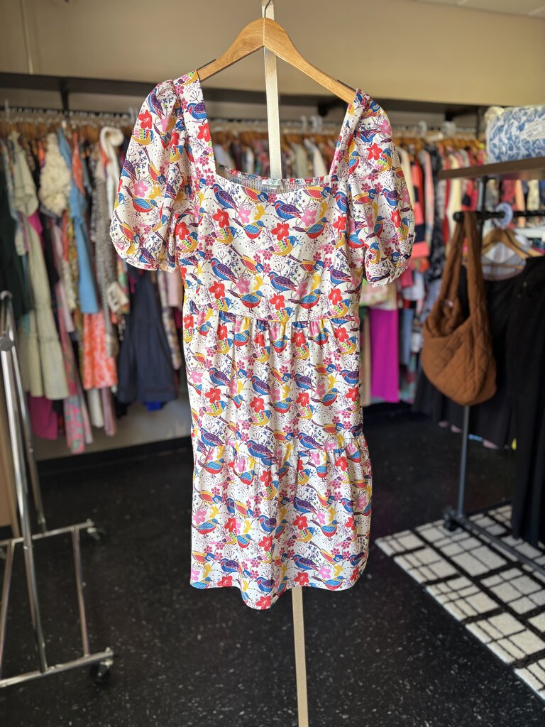 Jade- Puff Sleeve Mini Dress w. Bird & Floral Pattern