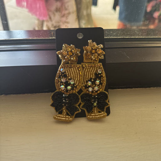 Black & Gold Wine Glass Beaded Earrings